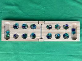 Brettspiel Kalaha oder Serata, Holz, gross, klappb, Glasstei