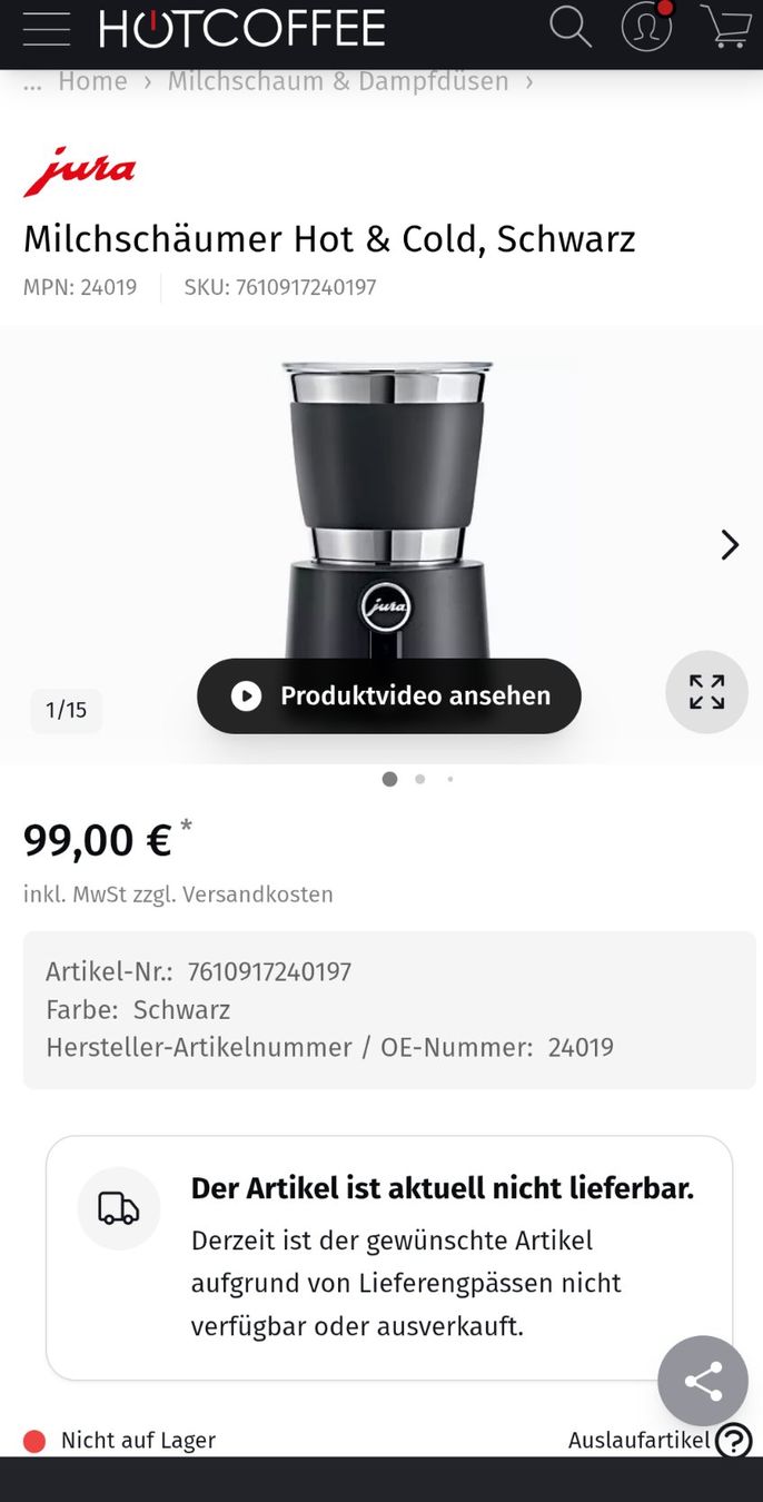 Jura Elettrodomestici da cucina: Milchschäumer Jura Automatic schwarz mit Originalverpackung – Usato da Zollikerberg venduto da rac_x6sq 5