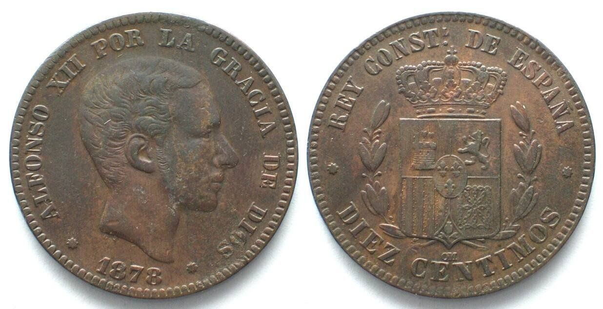 Tutti le monete: SPANIEN 10 Centimos 1878 ALFONSO XII. Bronze vz – Usato da Riehen venduto da sesambestcoins2004