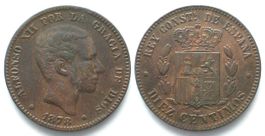 SPANIEN 10 Centimos 1878 ALFONSO XII. Bronze vz