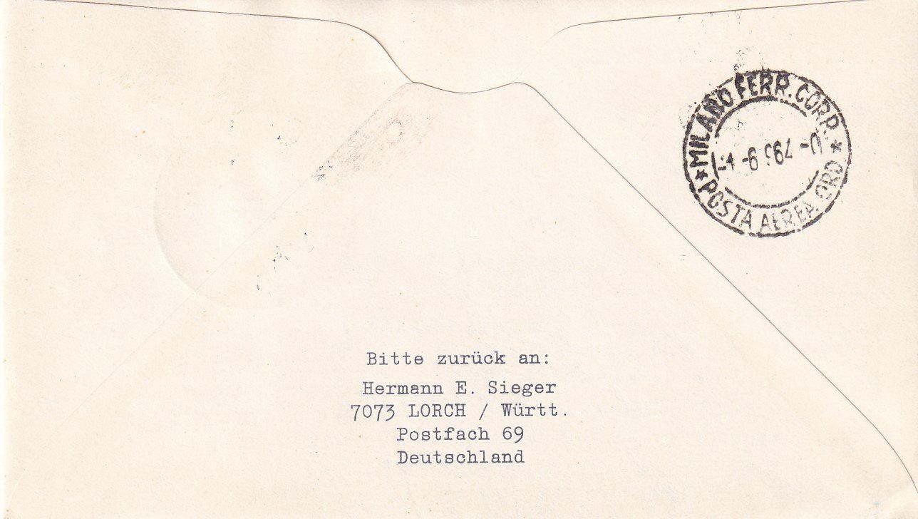 Tutti i francobolli: Erstflug Lufthansa Frankfurt - Mailand 1964 – Usato da Baar venduto da Asmara111 1