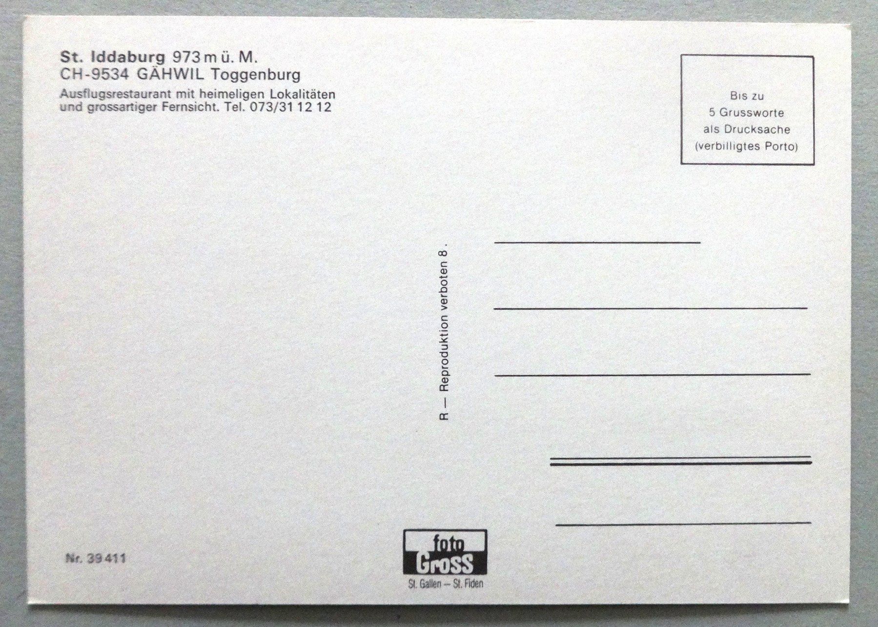 Cartoline postali: St. Iddaburg 973 m ü.M., Gähwil – Usato da Fétigny venduto da Billy2miny 1