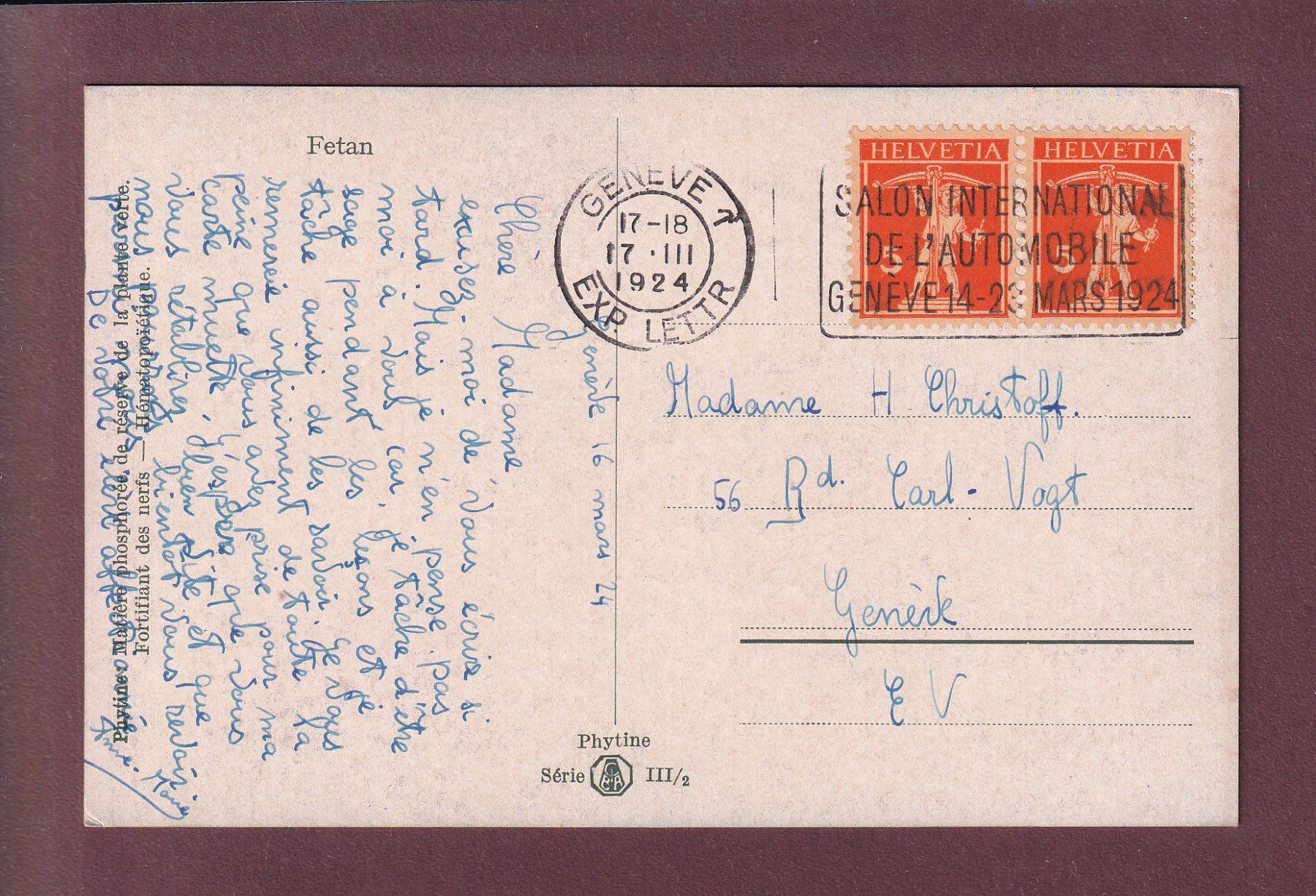 Cartoline postali: FETAN - 1924 – Usato da Pully venduto da nicecards 1