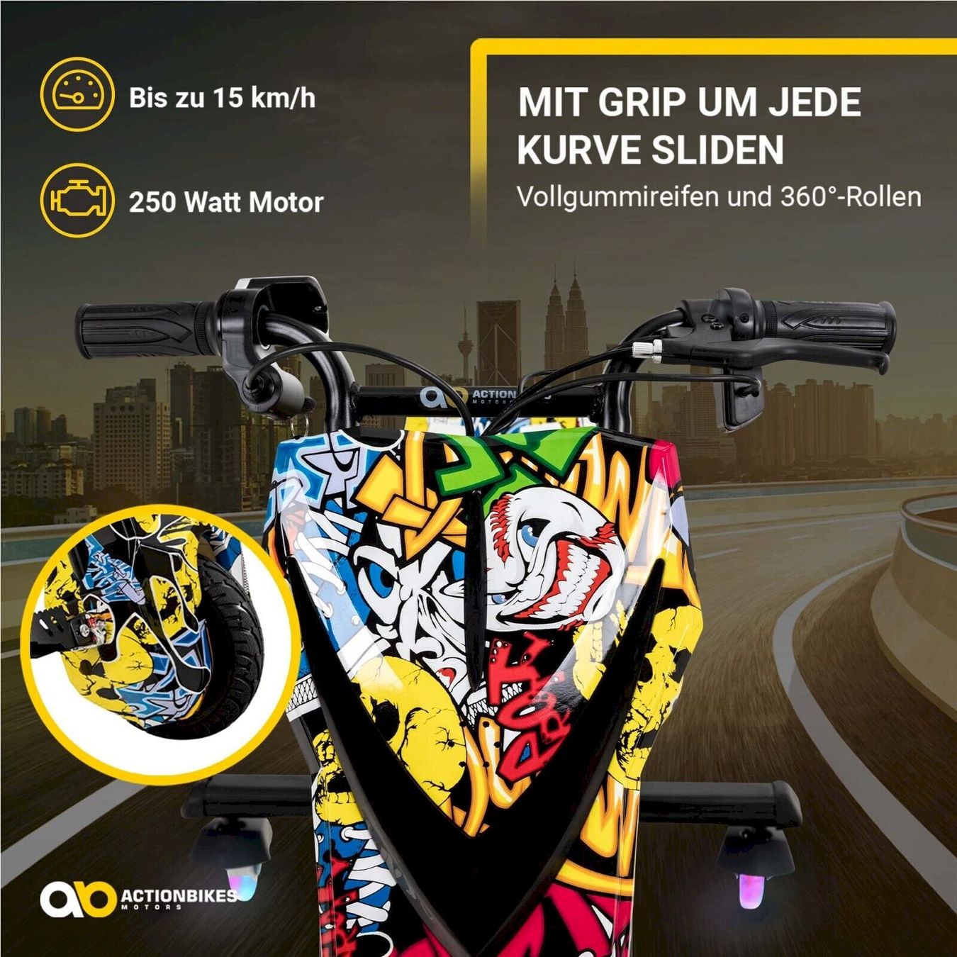 Fahrzeuge für Kinder: Elektro-Drift-Trike Grafit Gelb – Neu und originalverpackt aus Bottighofen von zaap 5