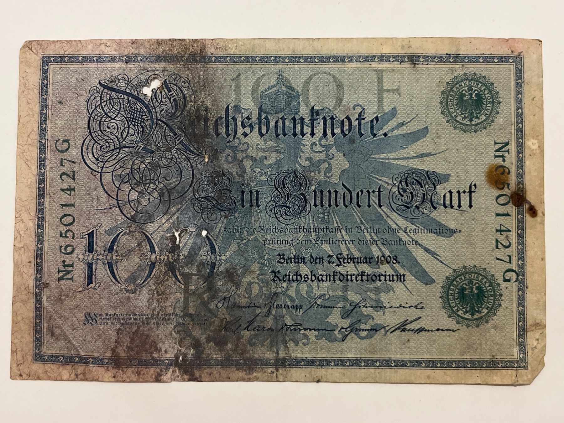 Banknoten: Seltene Reichsbanknote 100 Mark 7. Feb 1908 – Gebraucht aus Hergiswil NW von SLDM