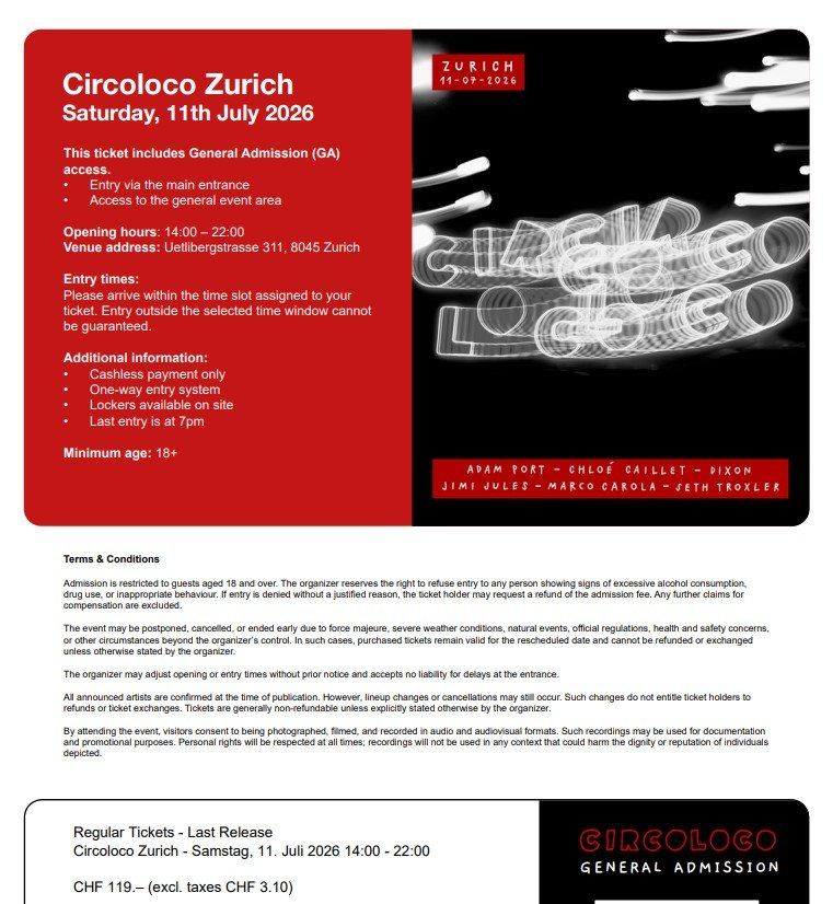 Biglietti: 2x Tickets Circoloco Zurich 11.07.2026 – Nuovo (secondo la descrizione) da Uitikon Waldegg venduto da lara_g
