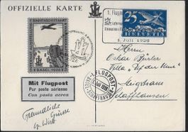 1926 Sonderkarte 1. Flugpost Basel-Schaffh. VIGNETTE ab 1.-