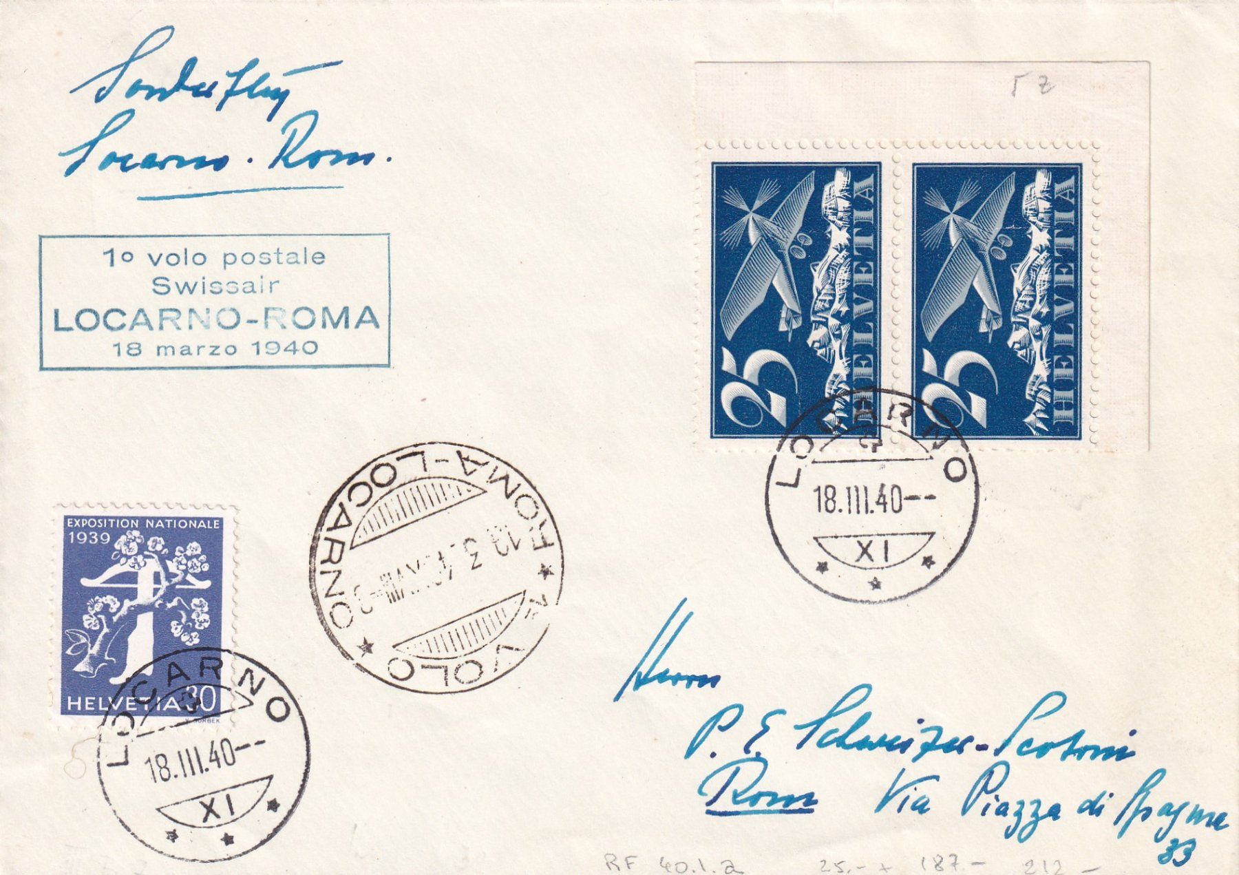 Alle Briefmarken: Flugpost (RF) 18.3.1940 Locarno-Rom – Gebraucht aus Birsfelden von chr_yq2g