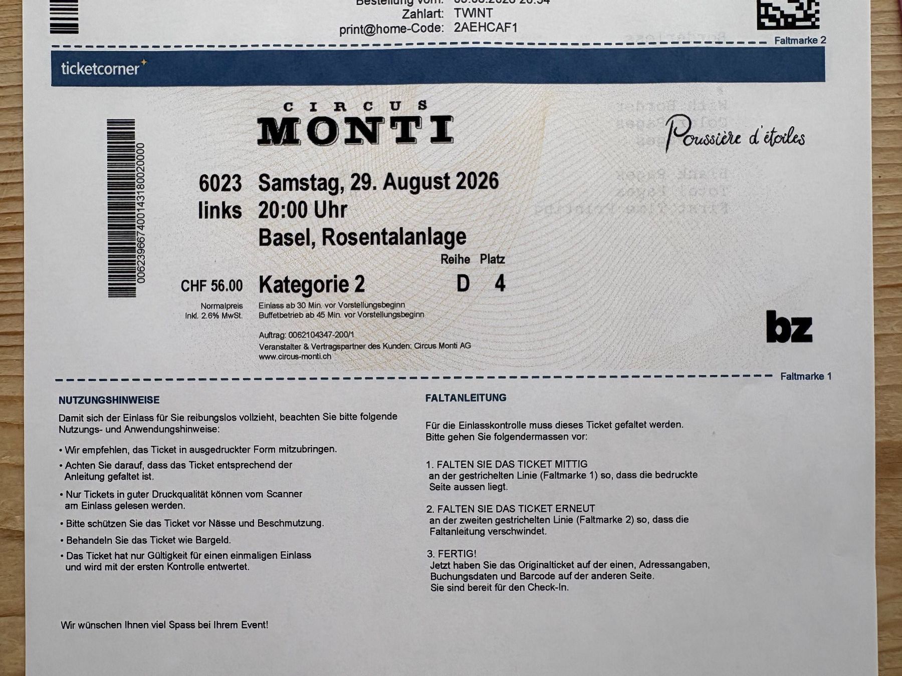 Biglietti: Circus Monti Basel 2 Tickets – Nuovo e nell'imballaggio originale da Basel venduto da hex_nty5