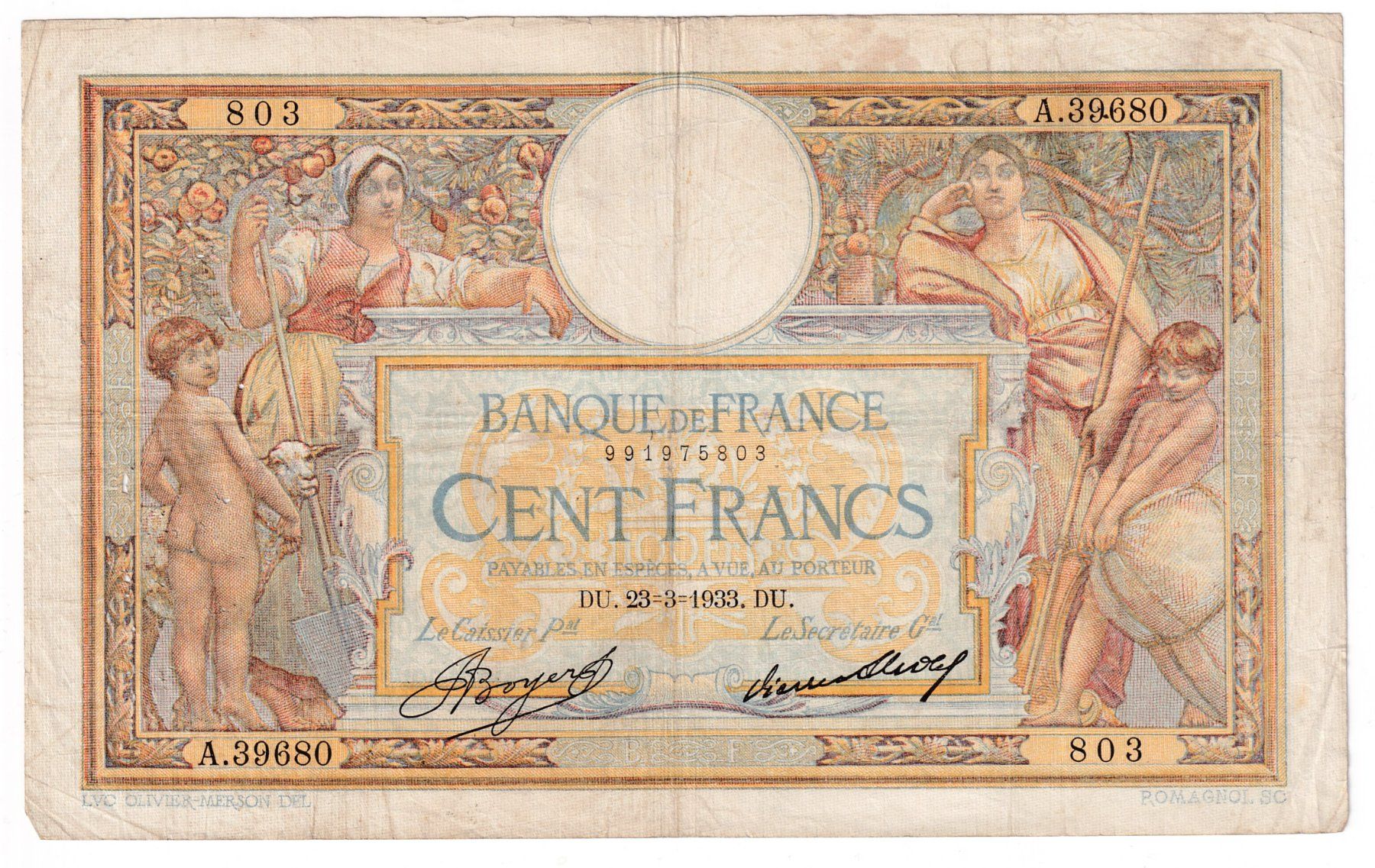 Banknoten: Banknote Frankreich 100 francs 1933 – Gebraucht aus Neuchâtel von karlpierrino