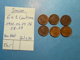 SUISSE : 6 X 1 CENTIME 1921-24-25-26-28-29- Bon état