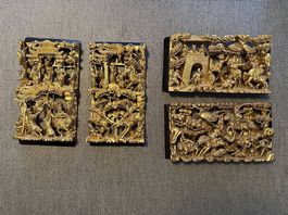 4 chinesische Holzpanels geschnitzt um 1900. Grösse je 33x17