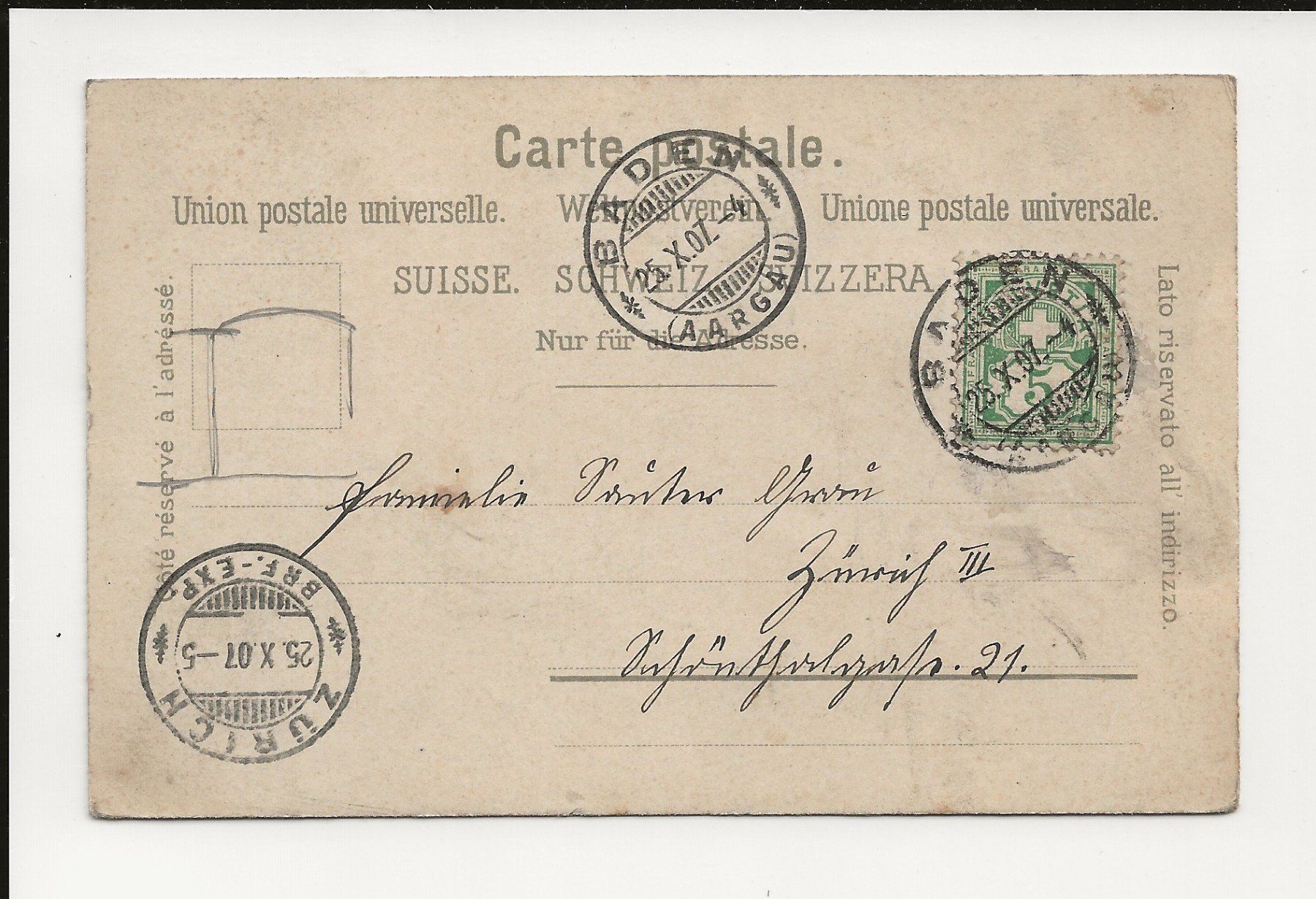 Ansichtskarten: AK 1907 Baden Limmat-Promenade – Gebraucht aus Greifensee von 315WDO 1