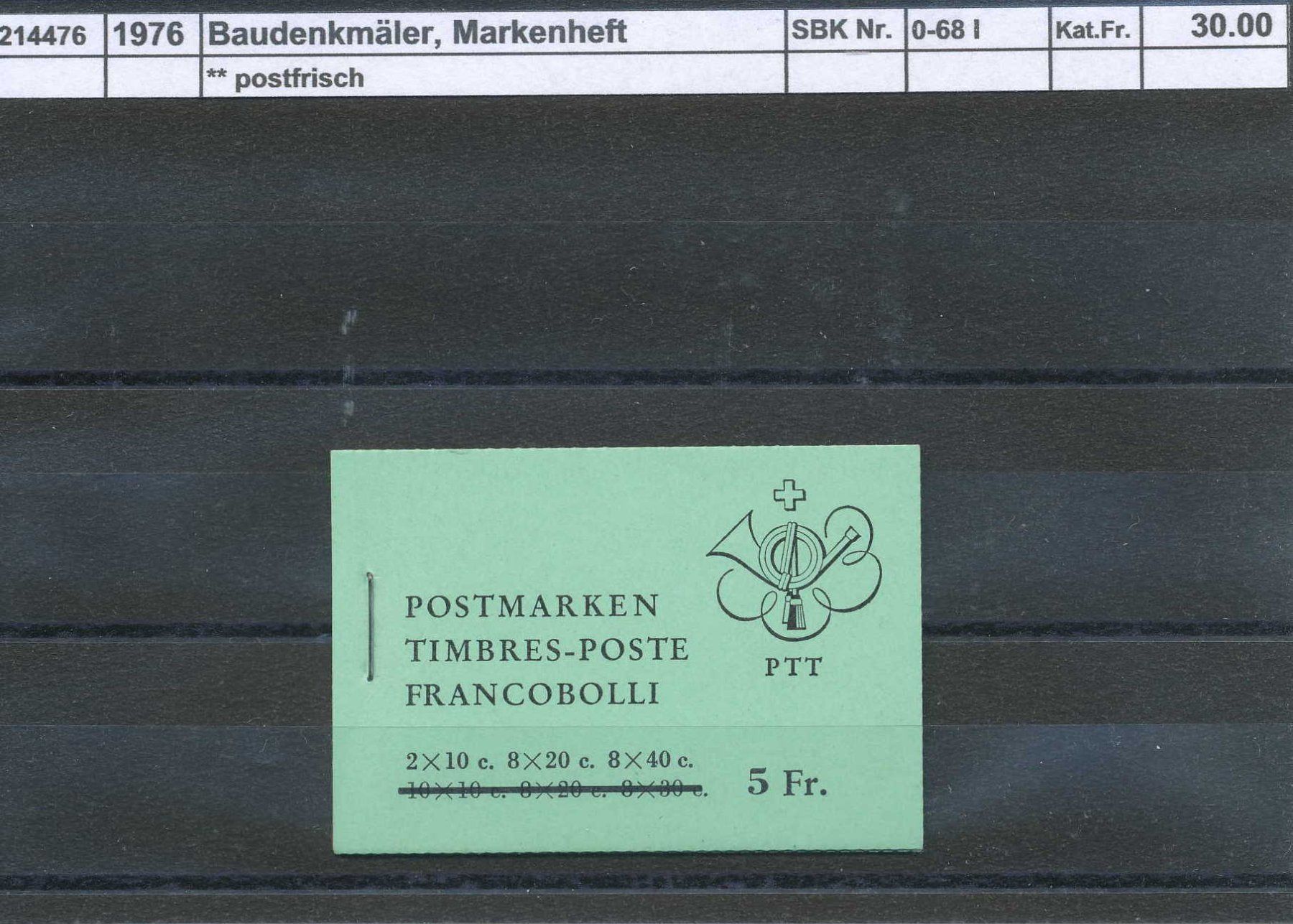 Tutti i francobolli: 1976 Baudenkmäler, Markenheftchen "grün", ** postfrisch – Nuovo (secondo la descrizione) da Winterthur venduto da Zupogeru