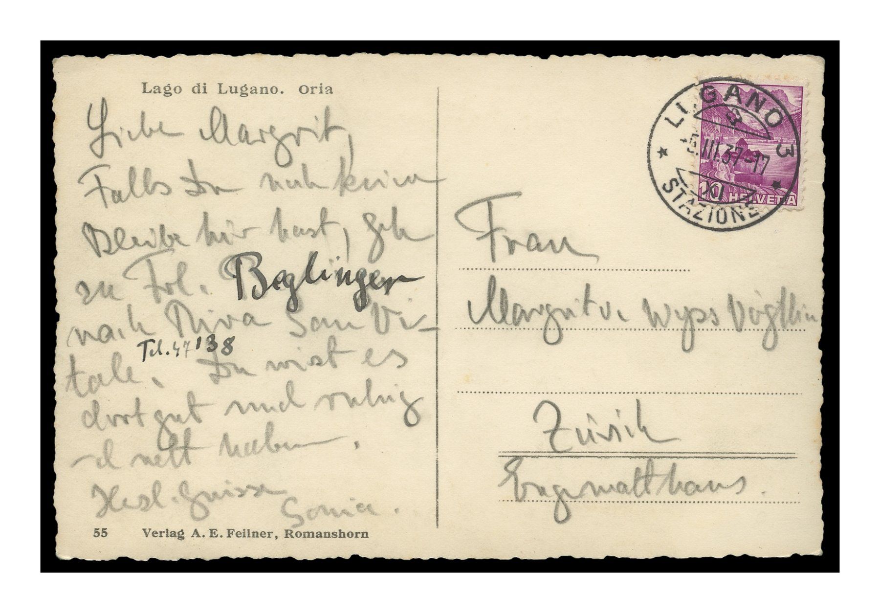 Ansichtskarten: ORIA - 1937 "Lago di Lugano" – Gebraucht aus Onex von gonsla01 1