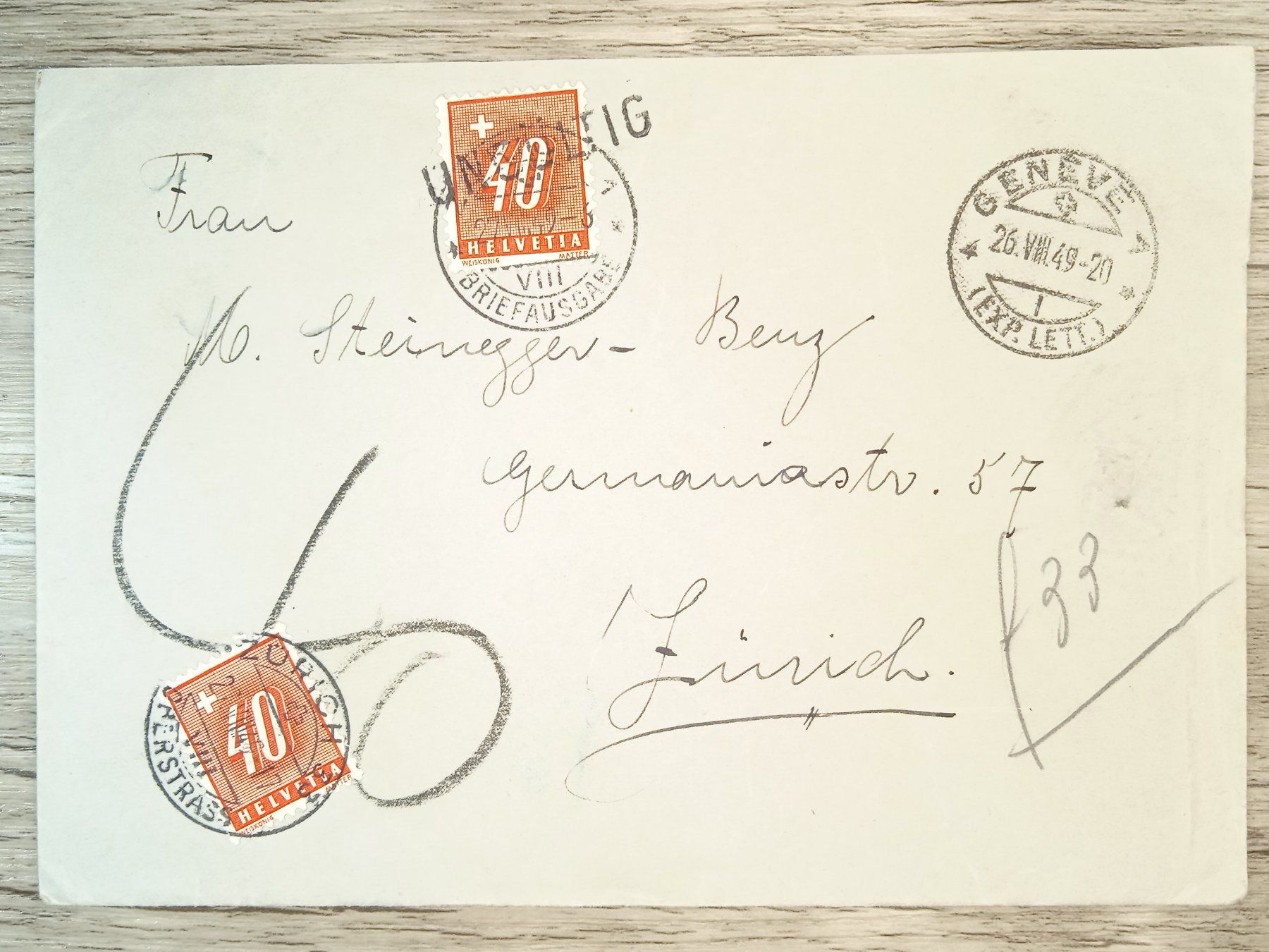 Alle Briefmarken: TR60 Enveloppe + Timbre Suisse 1949 – Gebraucht aus Cousset von Patrick_Collections