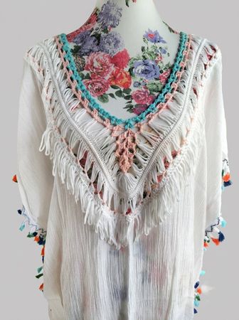 Neu! Weisses Strandkleid Kleid mit bunten Troddeln Gr. 3XL