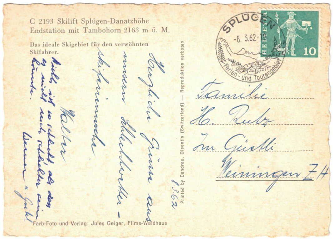 Cartoline postali: Splügen - Skilift Danatzhöhe – Usato da Binningen venduto da Mountainrider 1