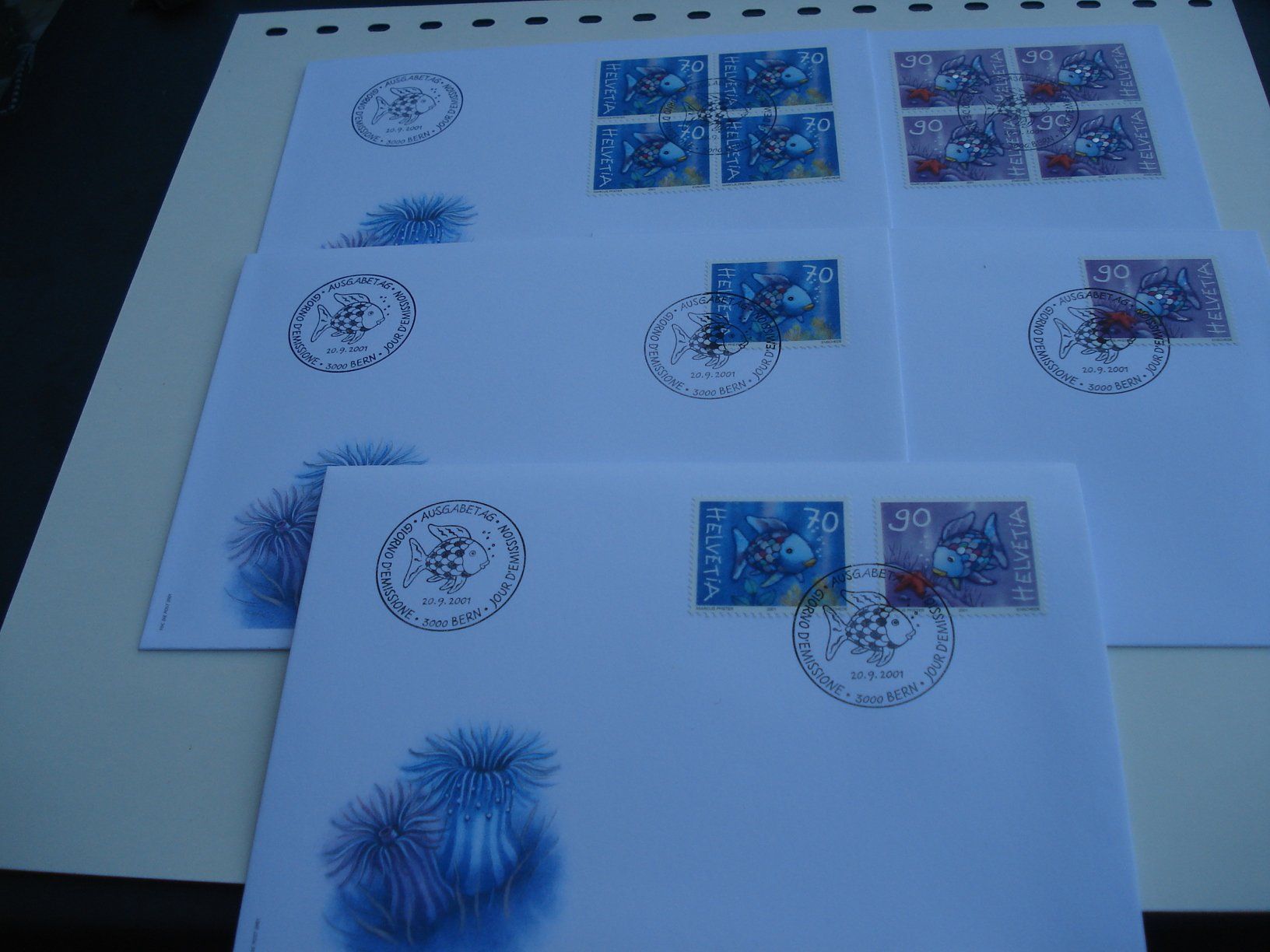 Tutti i francobolli: Regenbogenfisch, 2001, FDC Satz, Einzel + 4erblock, 5 Bele – Usato da Niederwil AG venduto da morostahu 1