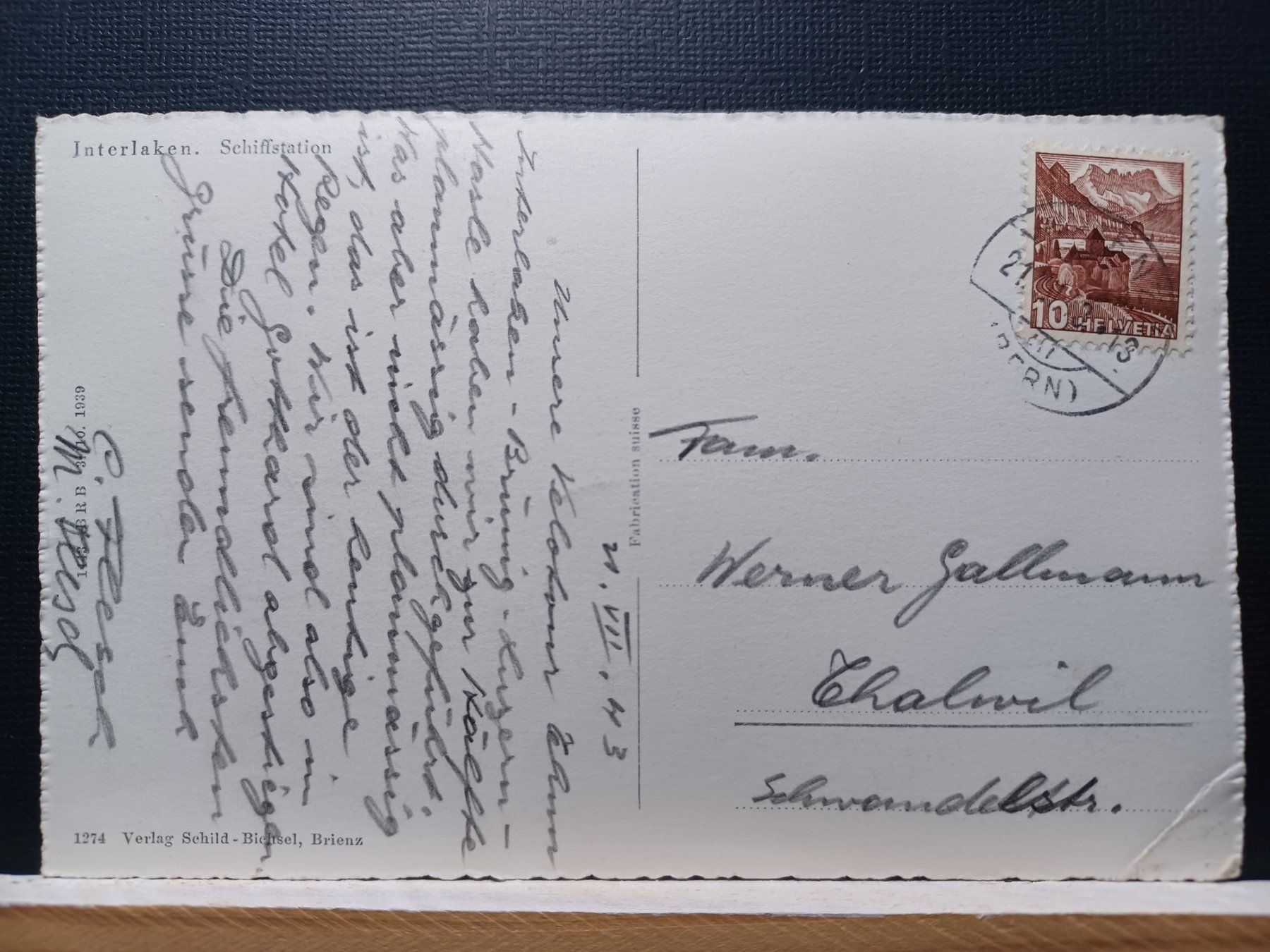 Cartoline postali: Interlaken Schiffstation, 1943 – Usato da Aarau Rohr venduto da mgvw 3