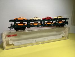 Fleischmann Autotransport-Waggon mit 8x Porsche 911 in 1/87