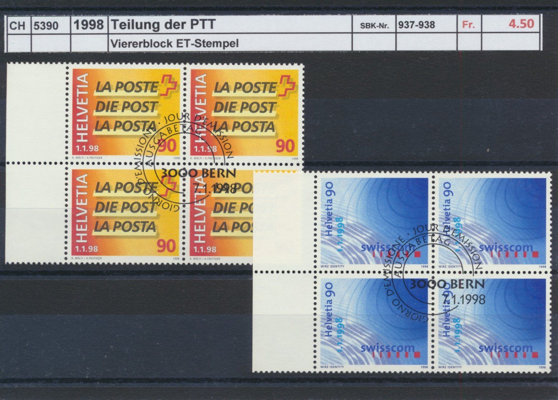 Tutti i francobolli: 1998 "Teilung der PTT", Viererblock, gestempelt – Usato da Winterthur venduto da Zupogeru