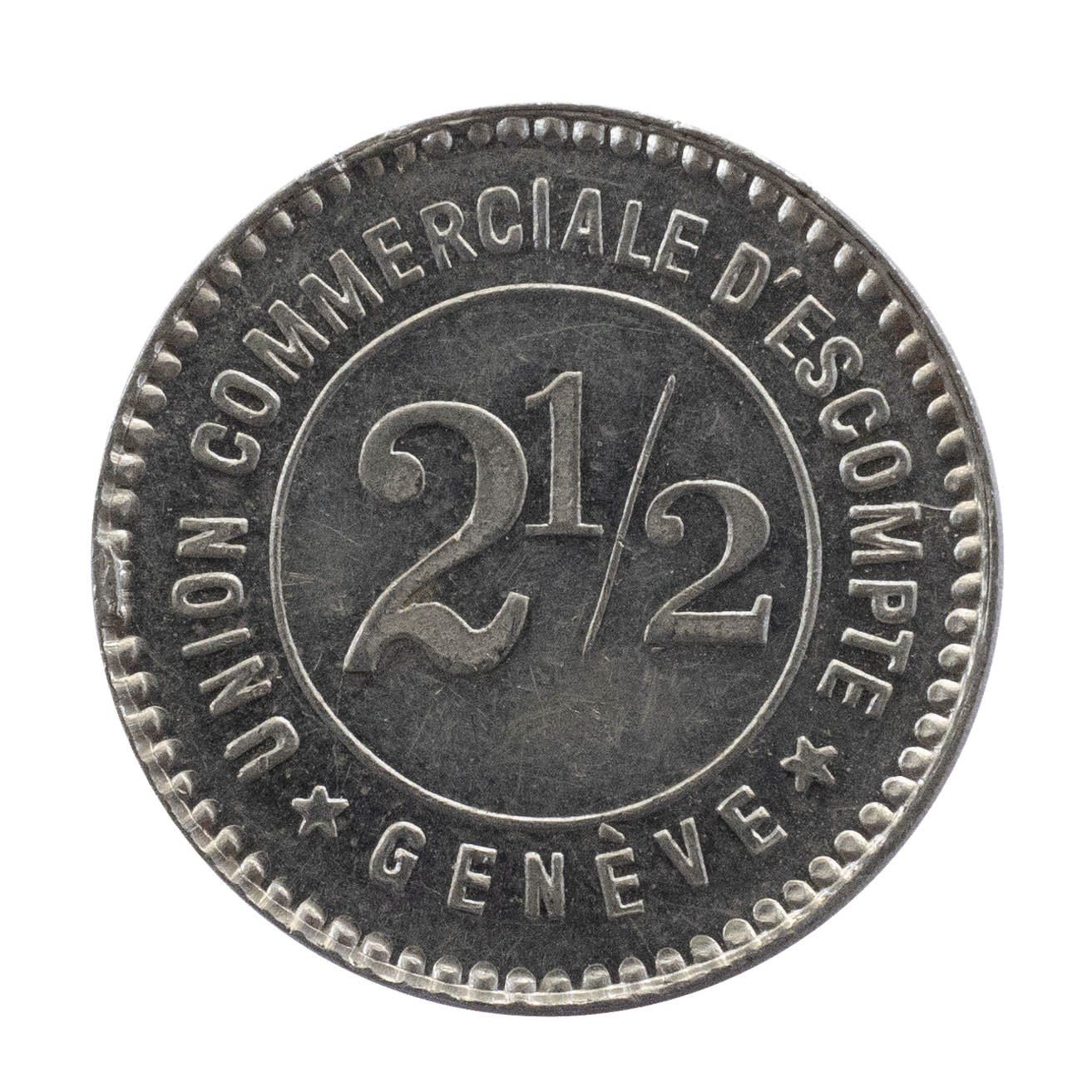 Medaillen: Jeton Genève, Union Comm. d'Escompte 2 1/2 Centimes – Gebraucht aus Rotkreuz von Swiss-Coins