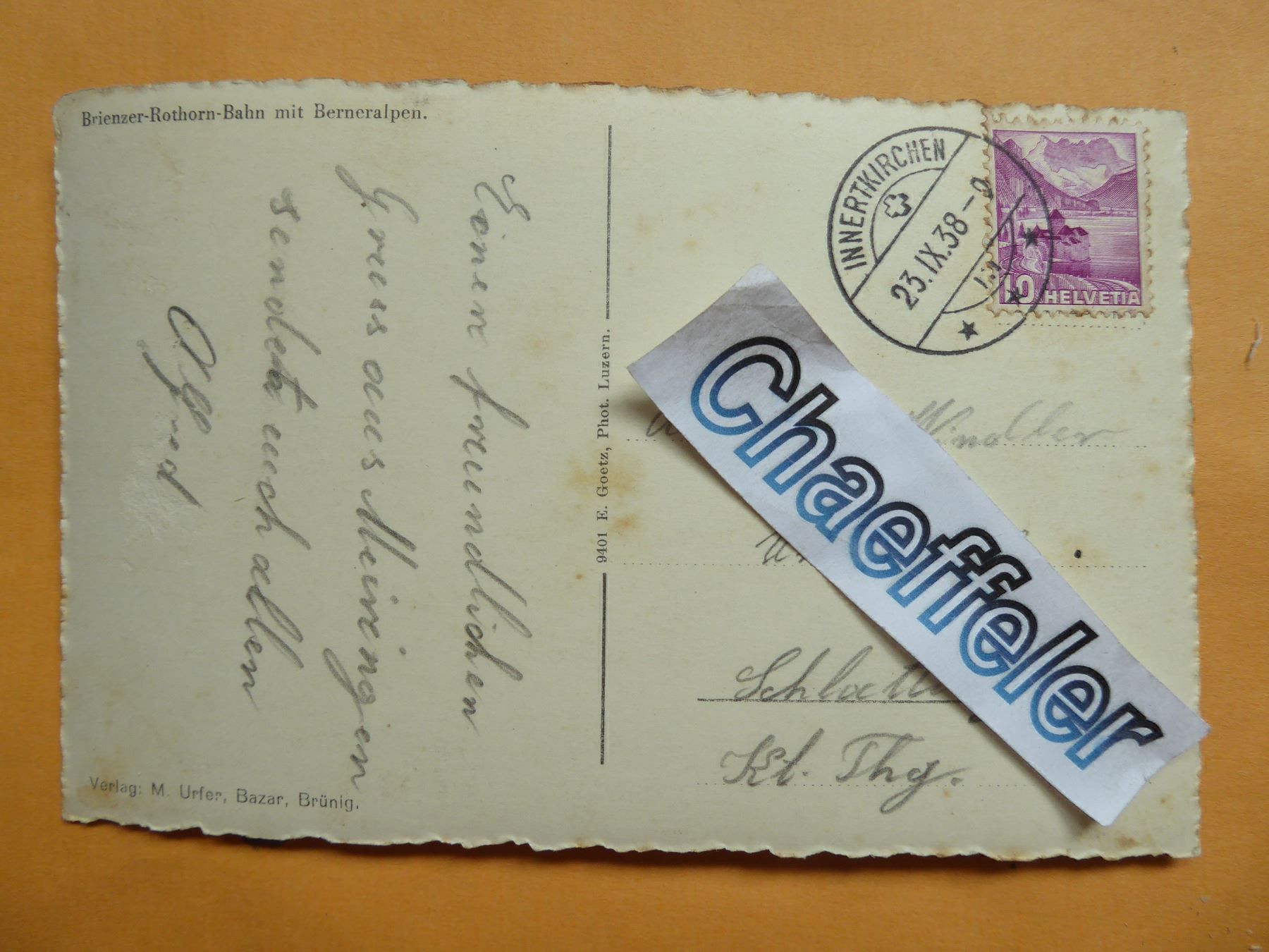 Ansichtskarten: 1938 Brienzer-Rothorn-Bah m. Berneralpen – Gebraucht aus Zürich von Chaeffeler 1