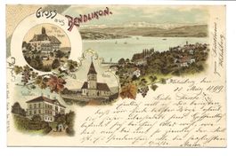 Gruss aus Bendlikon ZH Schulhaus Villa C.F. Meyer Litho 1899