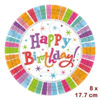 8 Kartonteller Happy Birthday, d 17.7 cm
