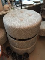 Deko Hocker Pouf rund gross Holz Stoff weiss Muster beige 1x