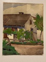 R. Boehme 17 Aquarell signiert mit Haus, Weg, Zaun und Baum