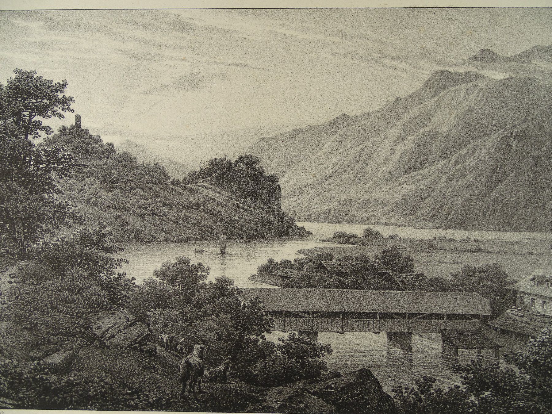 Incisioni: ZOLLBRÜCK INTERLAKEN, LITHOGRAPHIE 1824 – Usato da Grüningen venduto da Kartensammler 2