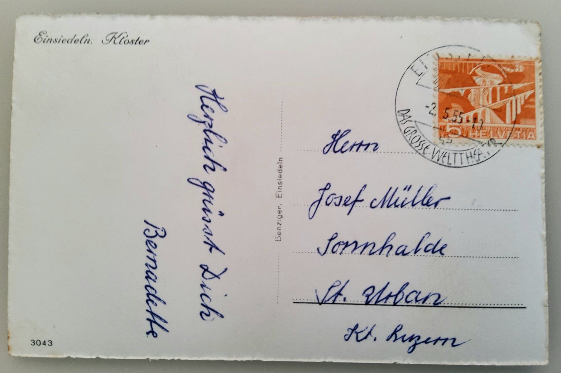 Cartoline postali: Ansichtskarte Kloster Einsiedeln, gestempelt 1955 – Usato da Buchrain venduto da mue_kru 1