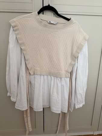 Zara Bluse mit Top-Einsatz, Gr. L, beige/weiss, neuwertig