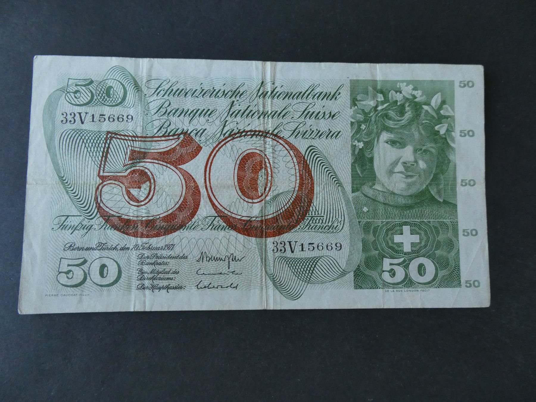 Banknoten: Schweiz 1971,  50 Franken – Gebraucht aus Hinterforst von Rohusri