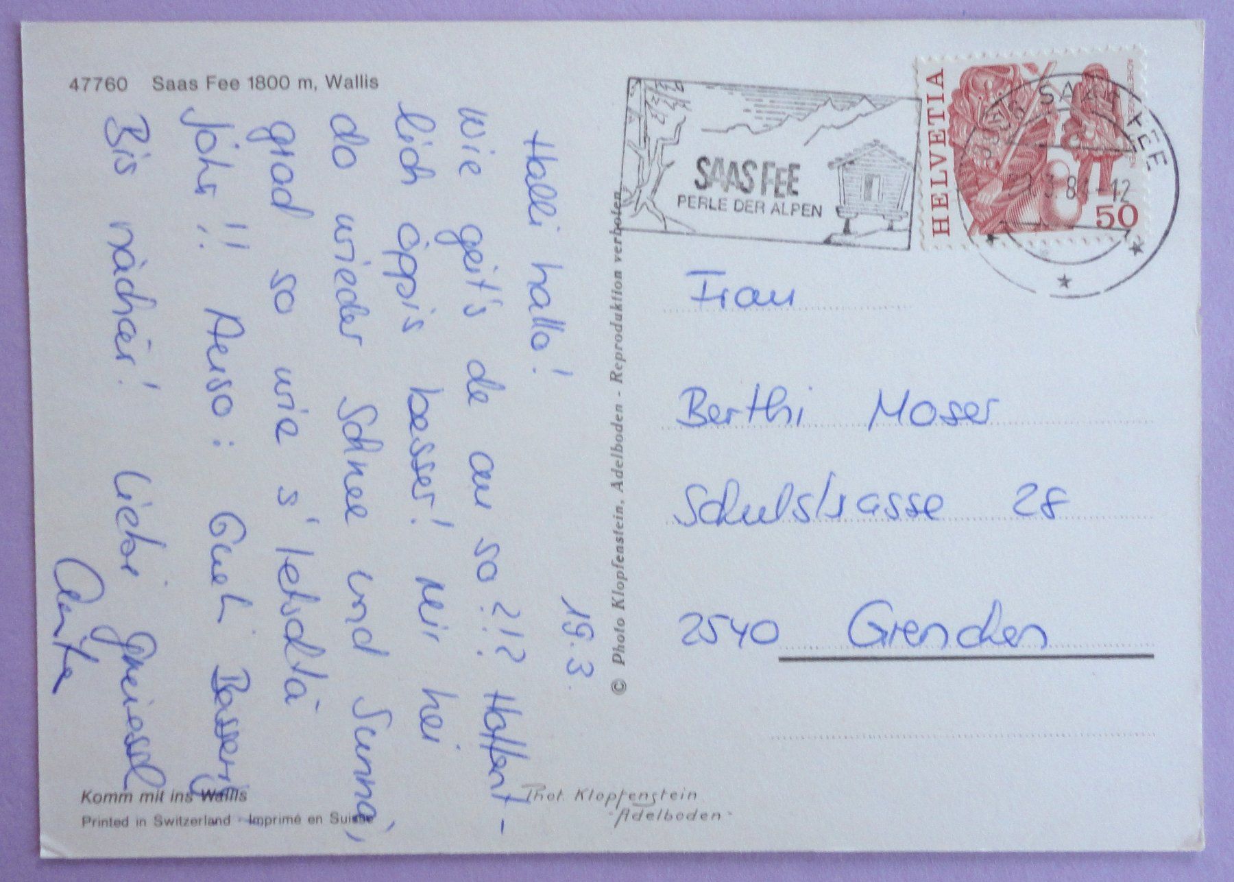 Cartoline postali: Saas-Fee 1800 m – Usato da Fétigny venduto da Billy2miny 1