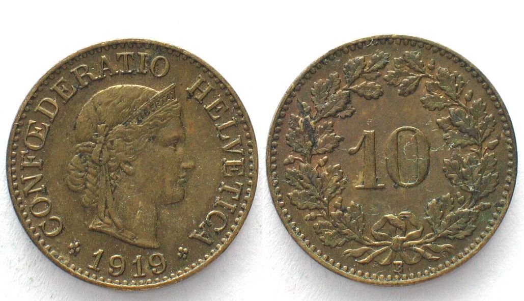 Tutti le monete: CH 10 Rappen 1919 Messing vz-unz! – Usato da Riehen venduto da sesambestcoins2004
