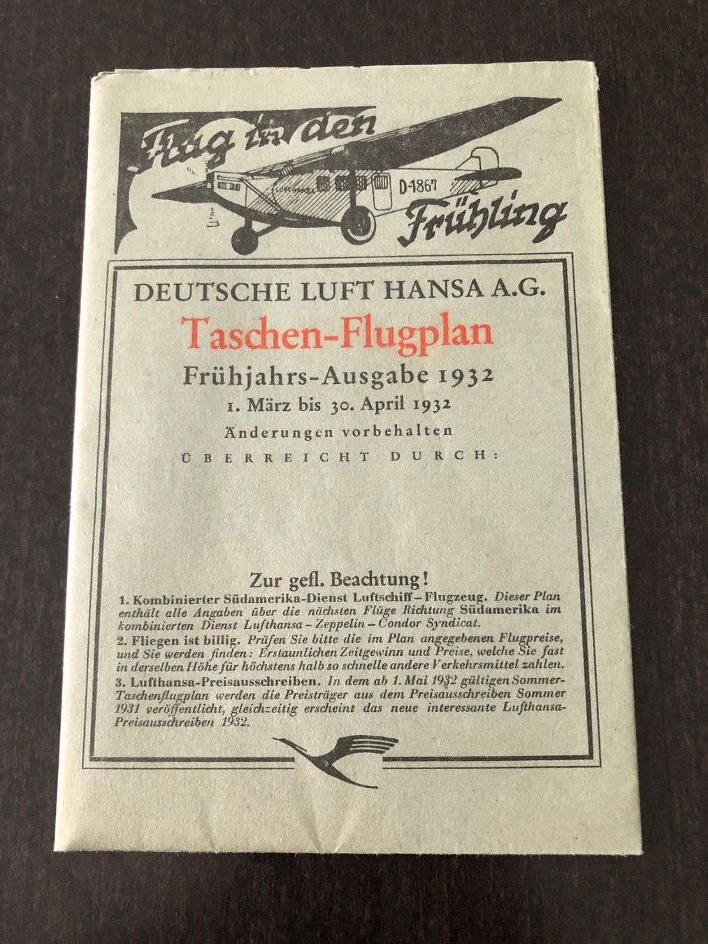 Documenti: Deutsche Lufthansa AG Taschen Flugplan 1932 – Usato da Pfäffikon ZH venduto da Waltoversand