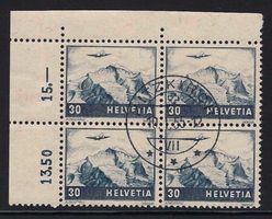 1948 Flugpost 4er-Block ⊞ Farbänderung  gestempelt ʘ , F43