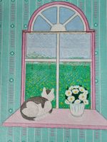 Gemälde Bild Katze Kater am Fenster mit Blumen, Frühling