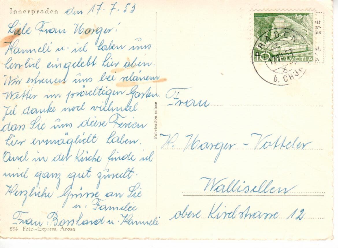 Cartoline postali: Innerpraden bei Chur  1953 – Usato da Wolhusen venduto da Curver9 1