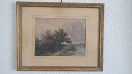 Altes Aquarell mit Goldrahmen, Landschaft am See 19. Jahrh.