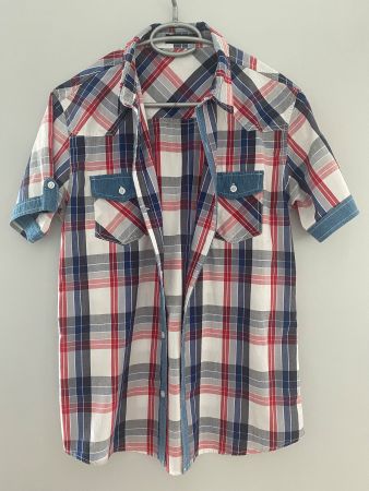 Herrenhemd, Grösse L, Karo rot/blau/weiss