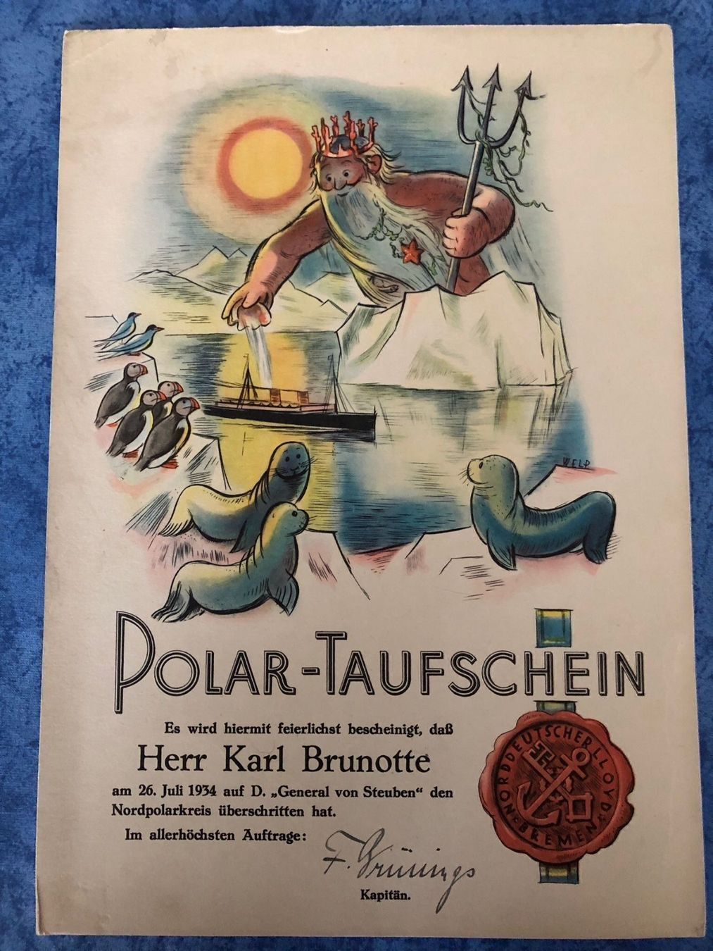 Documenti: Polar-Taufschein Dampfer Steuben 1934 – Usato da Steffisburg venduto da bwt56