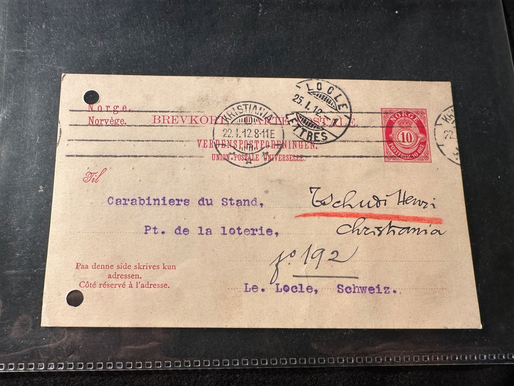 Alle Briefmarken: Postkarte 1912 Norwegen - Schweiz – Gebraucht aus Stettfurt von 2442
