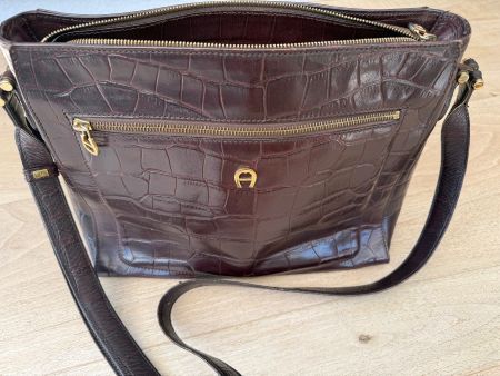 AIGNER Vintage Damen Schultertasche Leder Croco Braun