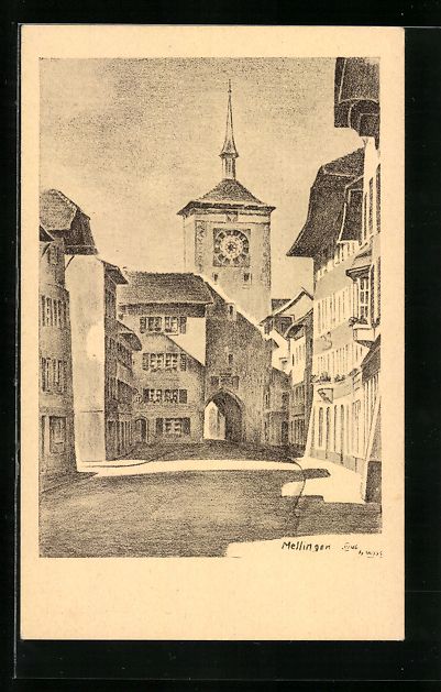 Cartoline postali: Mellingen, Stadtbild mit Zeitturm – Usato da Berlin venduto da bartko-reher