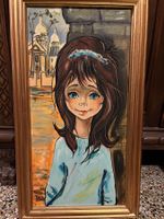 Tableau vintage portrait fillette yeux bleus 1965 Art 53