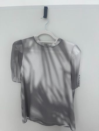Gray and white blouse with ruffle collar